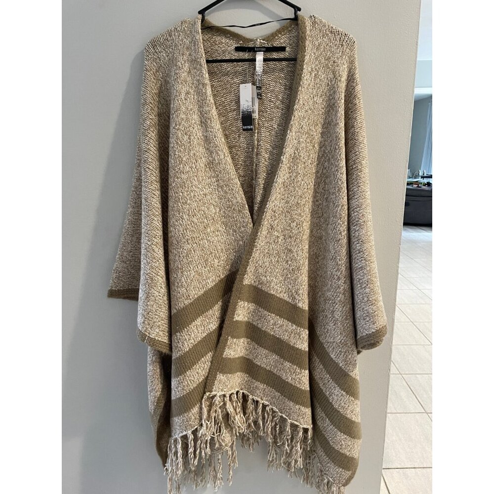 KENSIE WOMEN'S OPEN FRONT FRINGE BEIGE TAN & WHITE SWEATER WRAP PONCHO